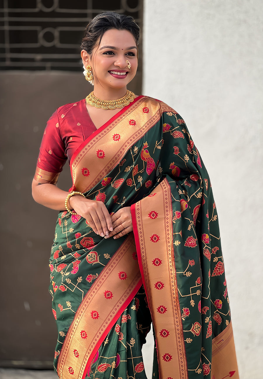 Bottle green paithani jaal silk zari woven saree