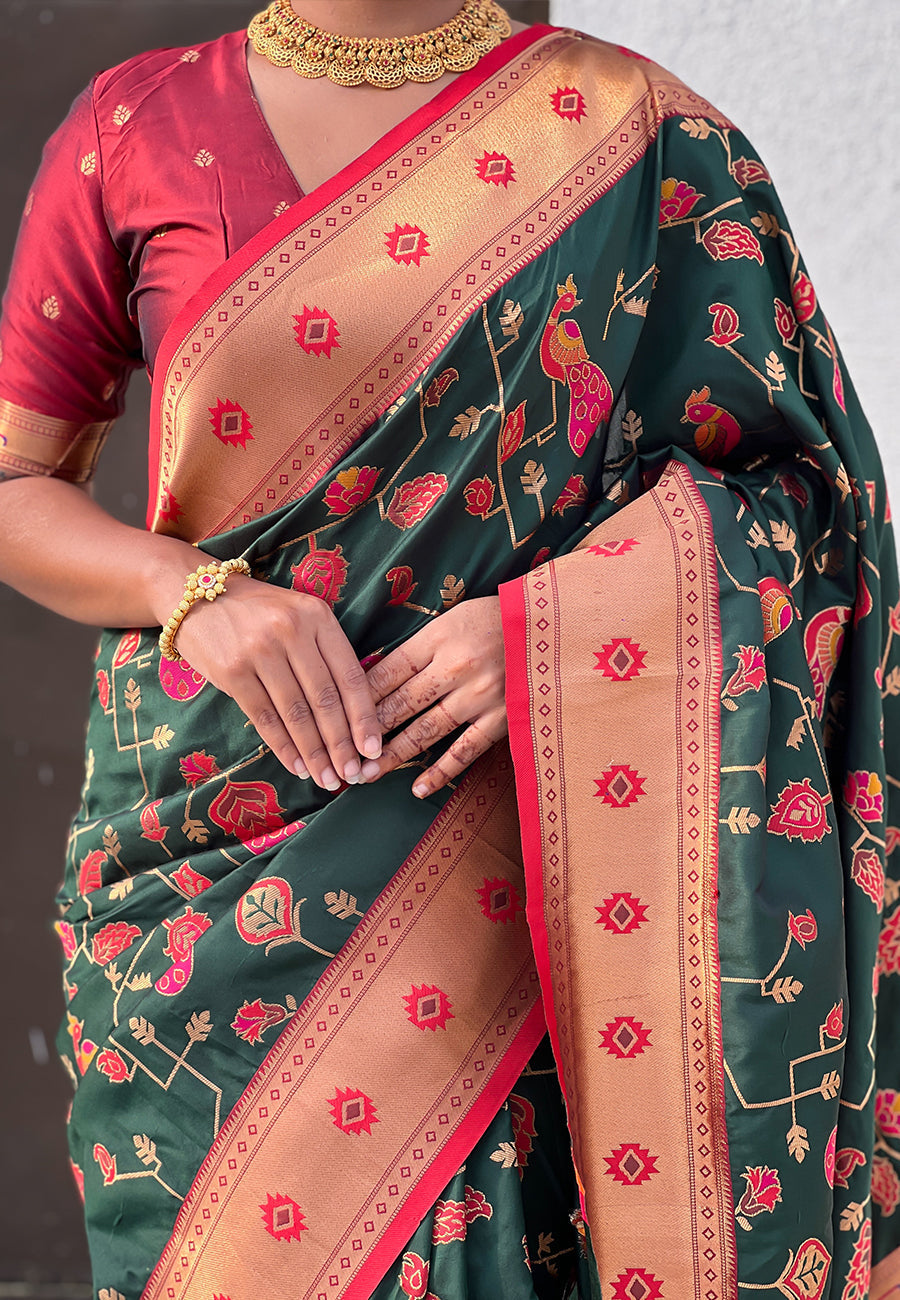 Bottle green paithani jaal silk zari woven saree