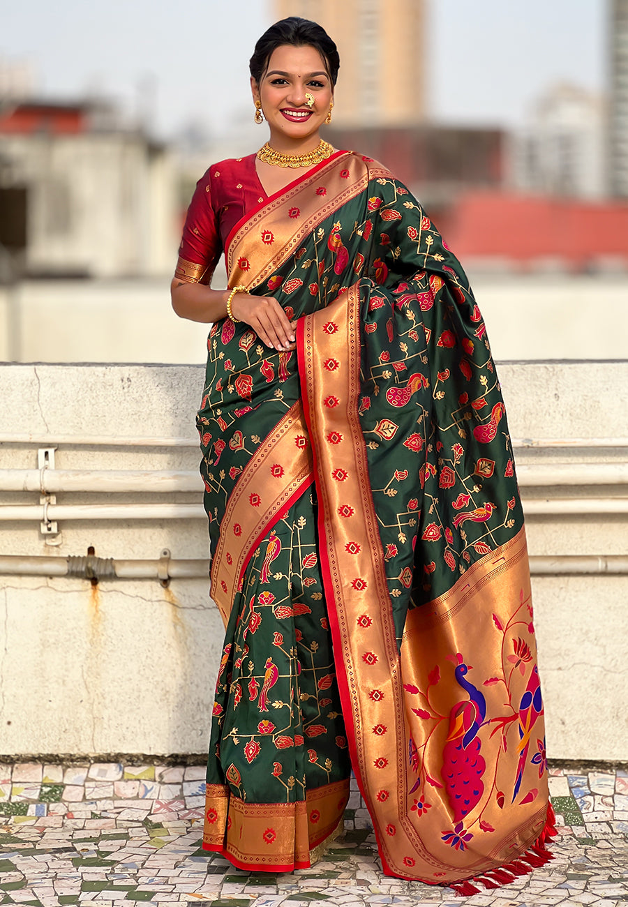 Bottle green paithani jaal silk zari woven saree