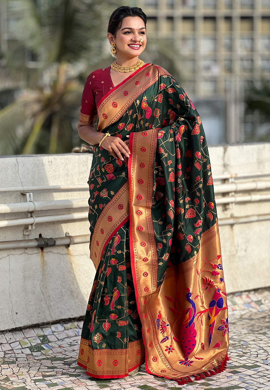 Bottle green paithani jaal silk zari woven saree