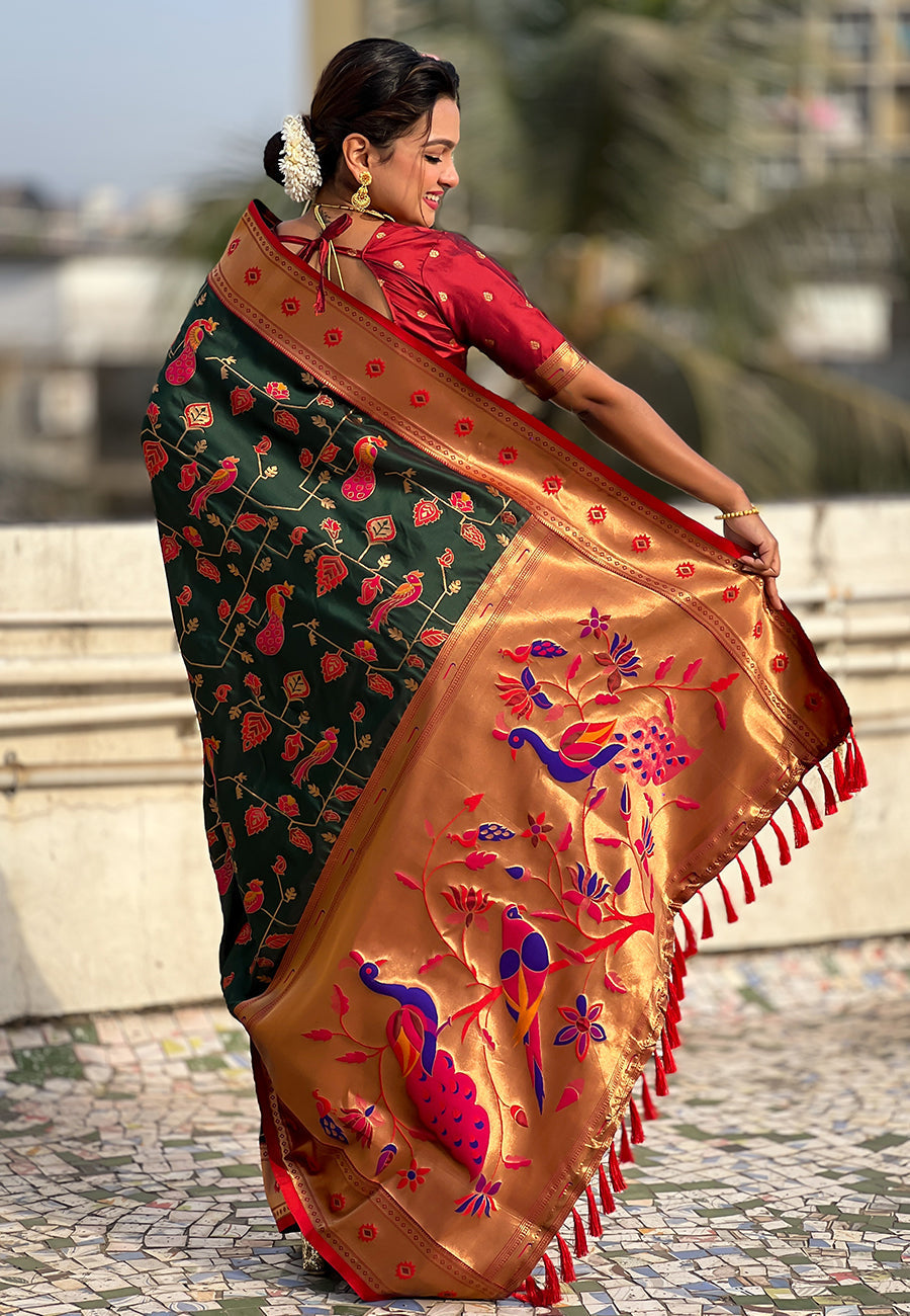 Bottle green paithani jaal silk zari woven saree