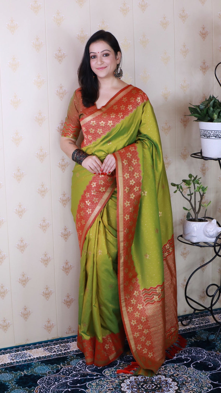 Mehendi green soft silk banarasi wavy unique zari woven saree