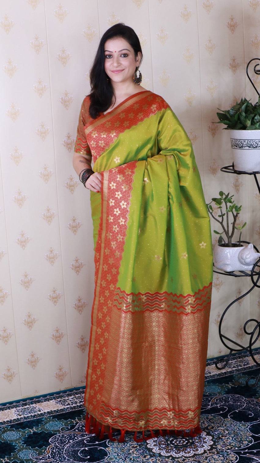 Mehendi green soft silk banarasi wavy unique zari woven saree
