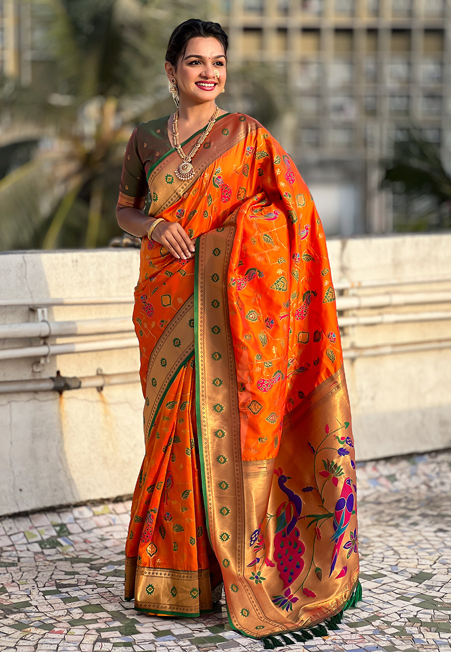 Orange paithani jaal silk zari woven saree