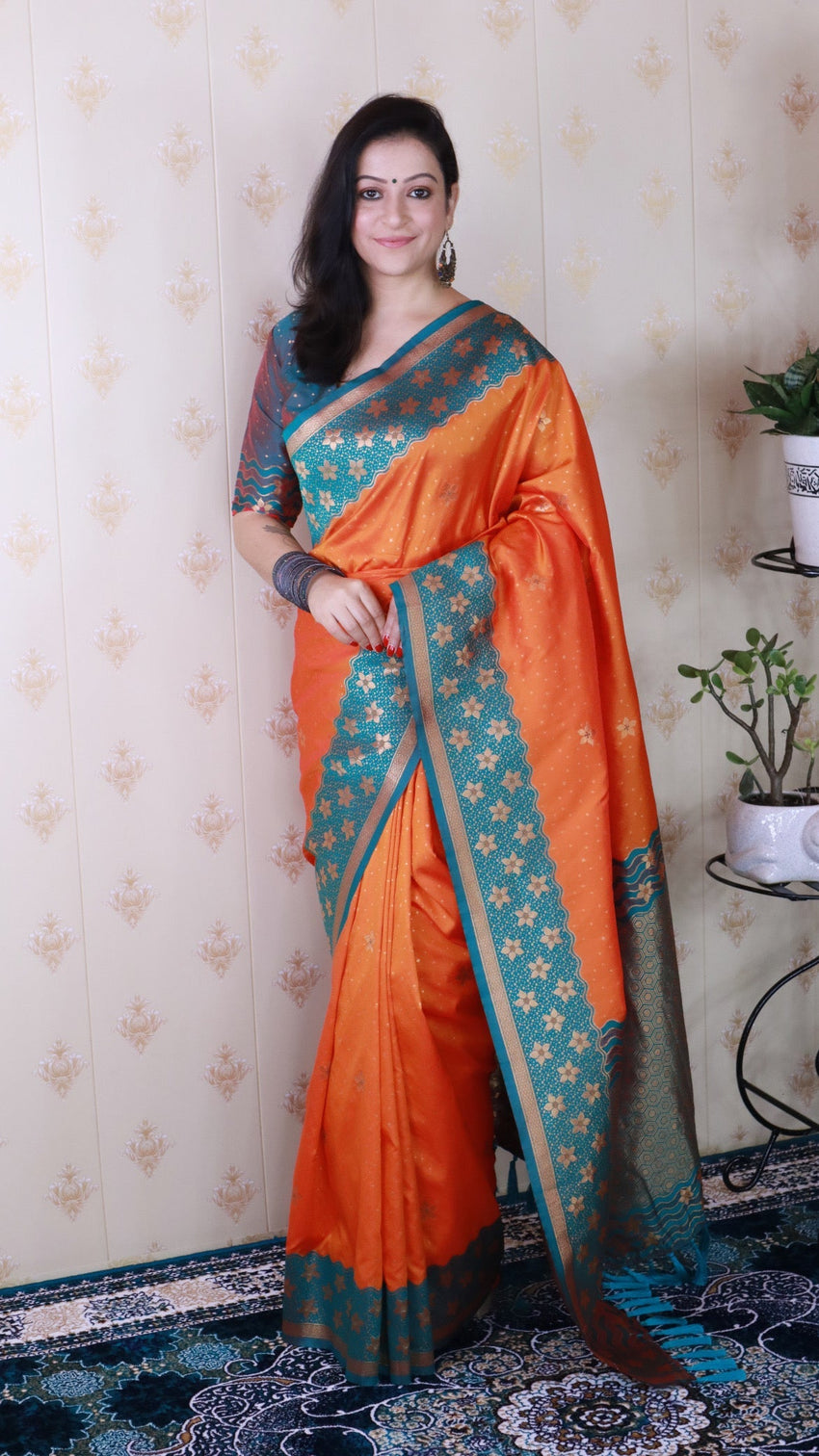 Orange soft silk banarasi wavy unique zari woven saree
