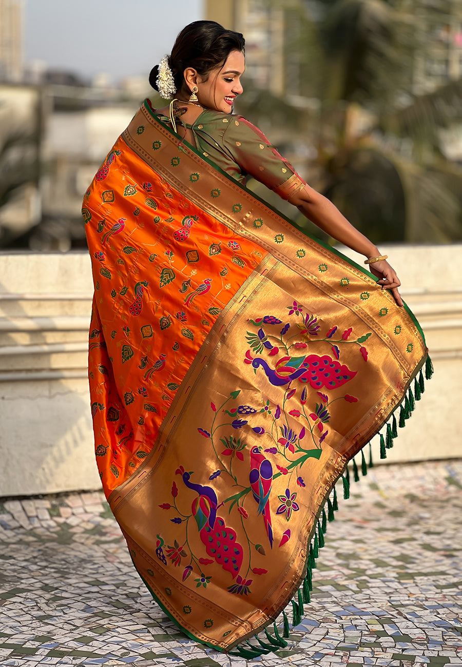 Orange paithani jaal silk zari woven saree
