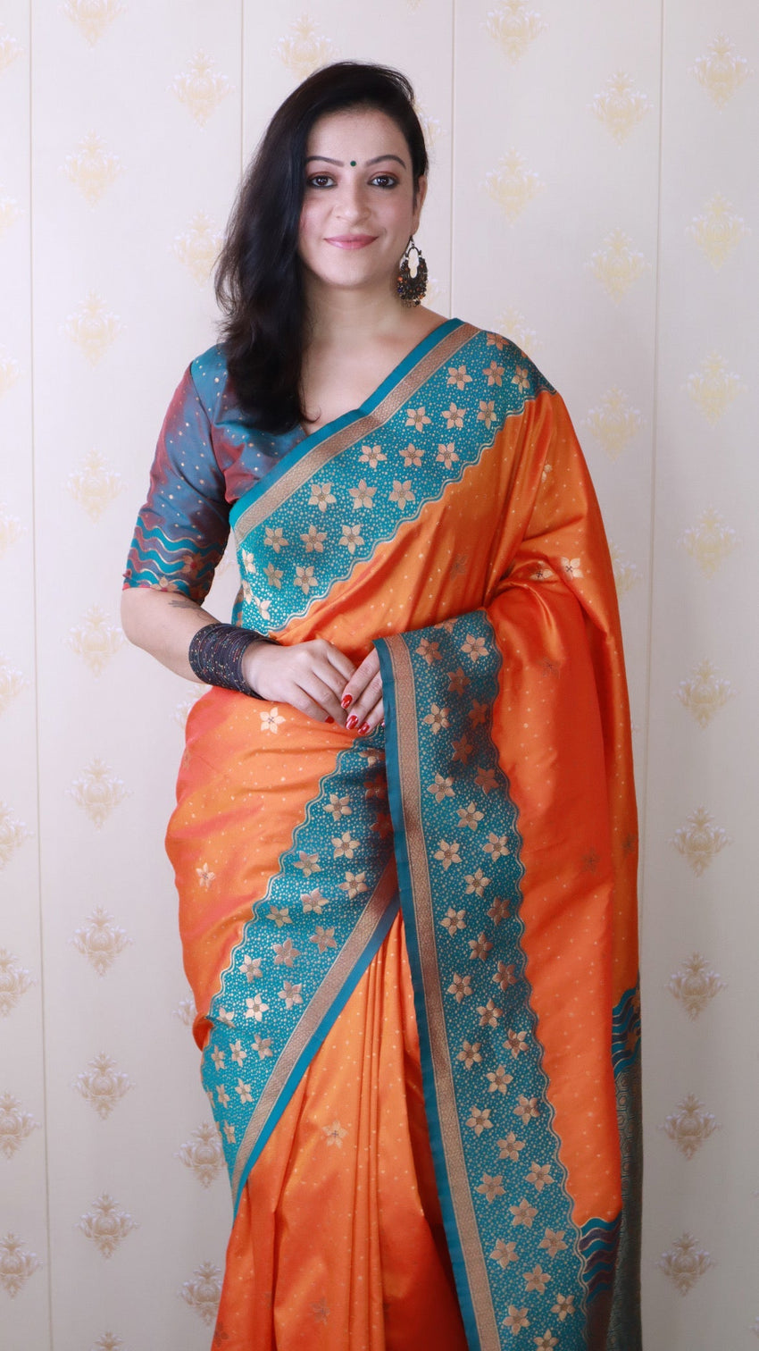 Orange soft silk banarasi wavy unique zari woven saree