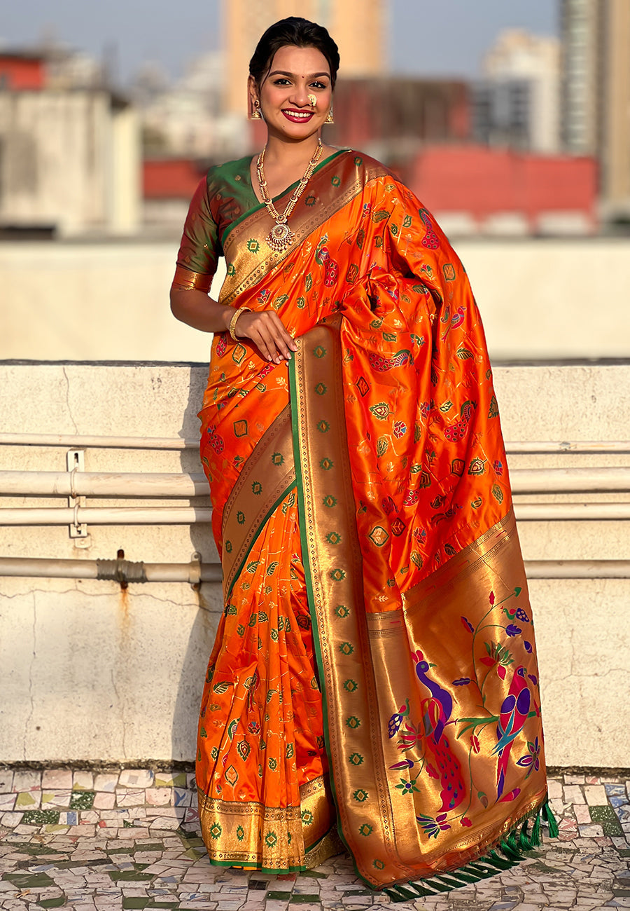 Orange paithani jaal silk zari woven saree