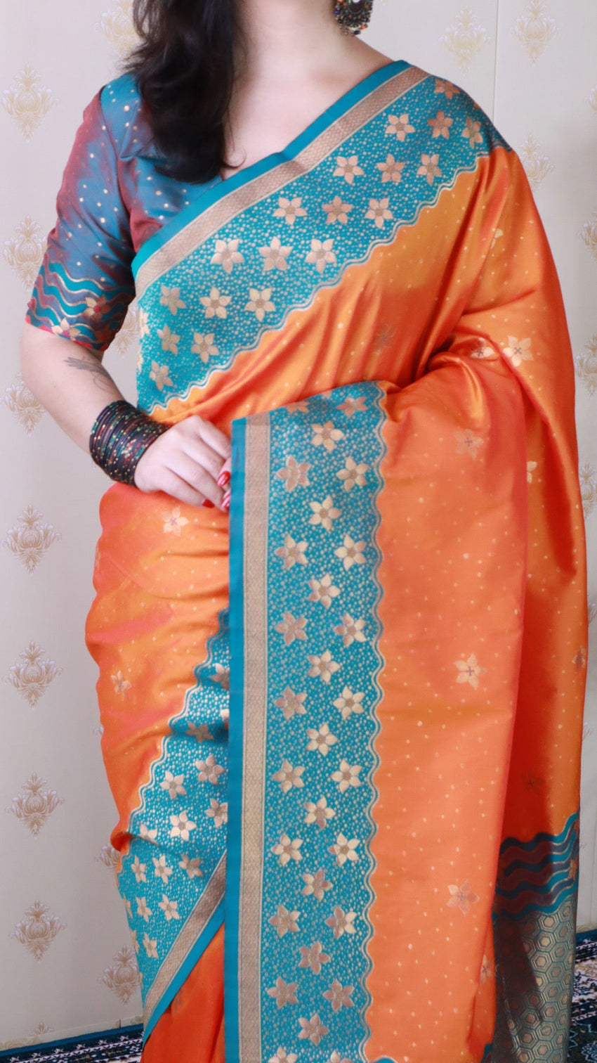 Orange soft silk banarasi wavy unique zari woven saree