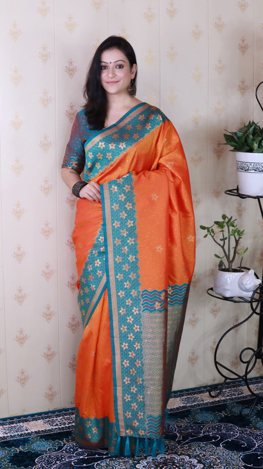 Orange soft silk banarasi wavy unique zari woven saree