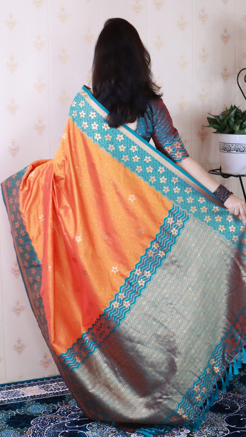 Orange soft silk banarasi wavy unique zari woven saree