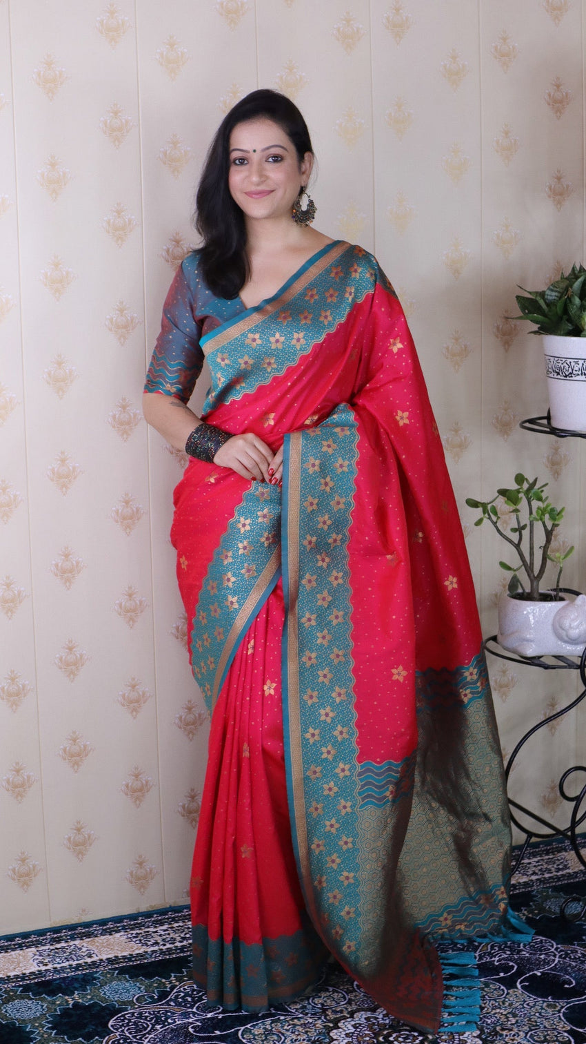 Pink soft silk banarasi wavy unique zari woven saree