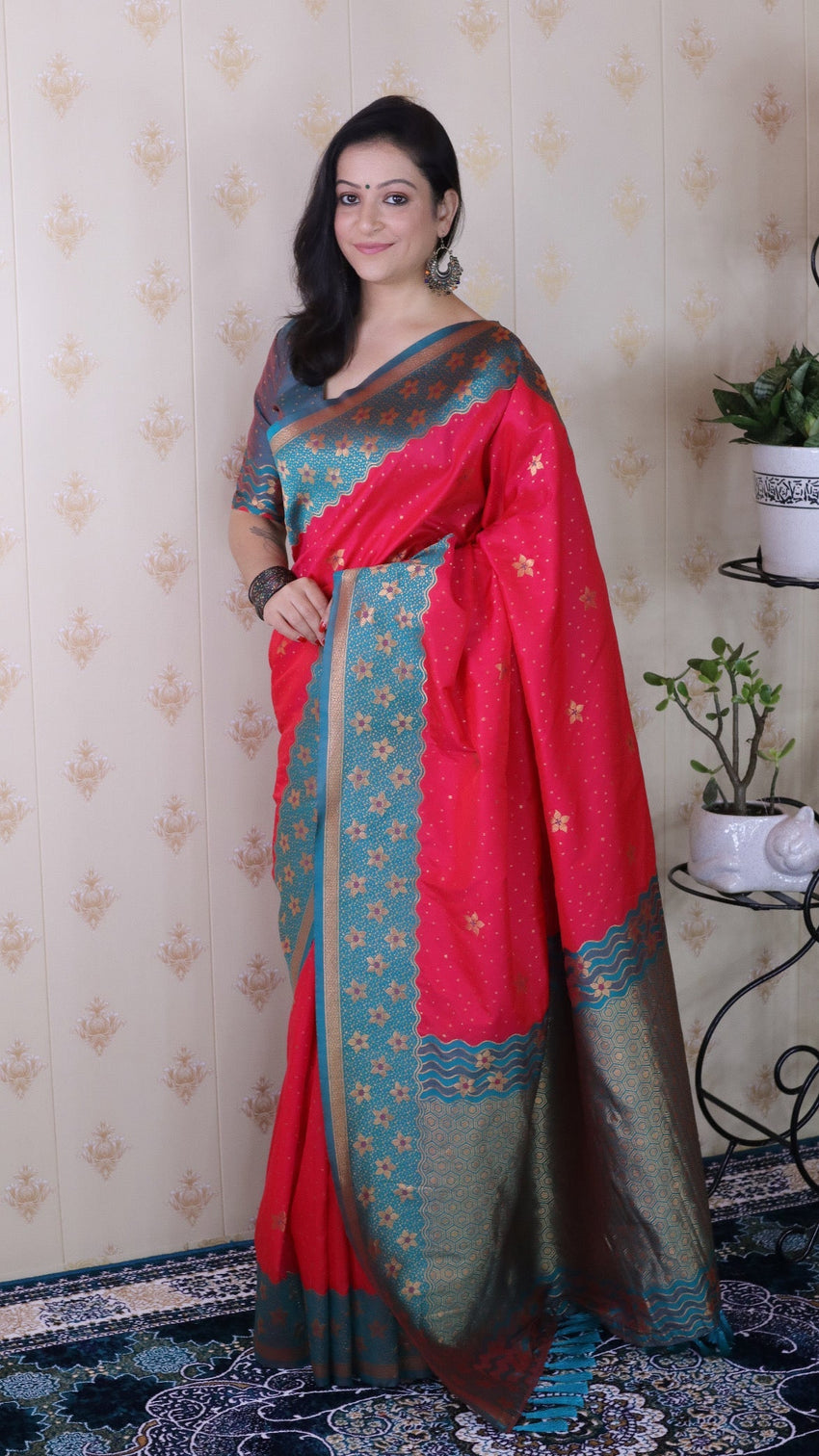 Pink soft silk banarasi wavy unique zari woven saree