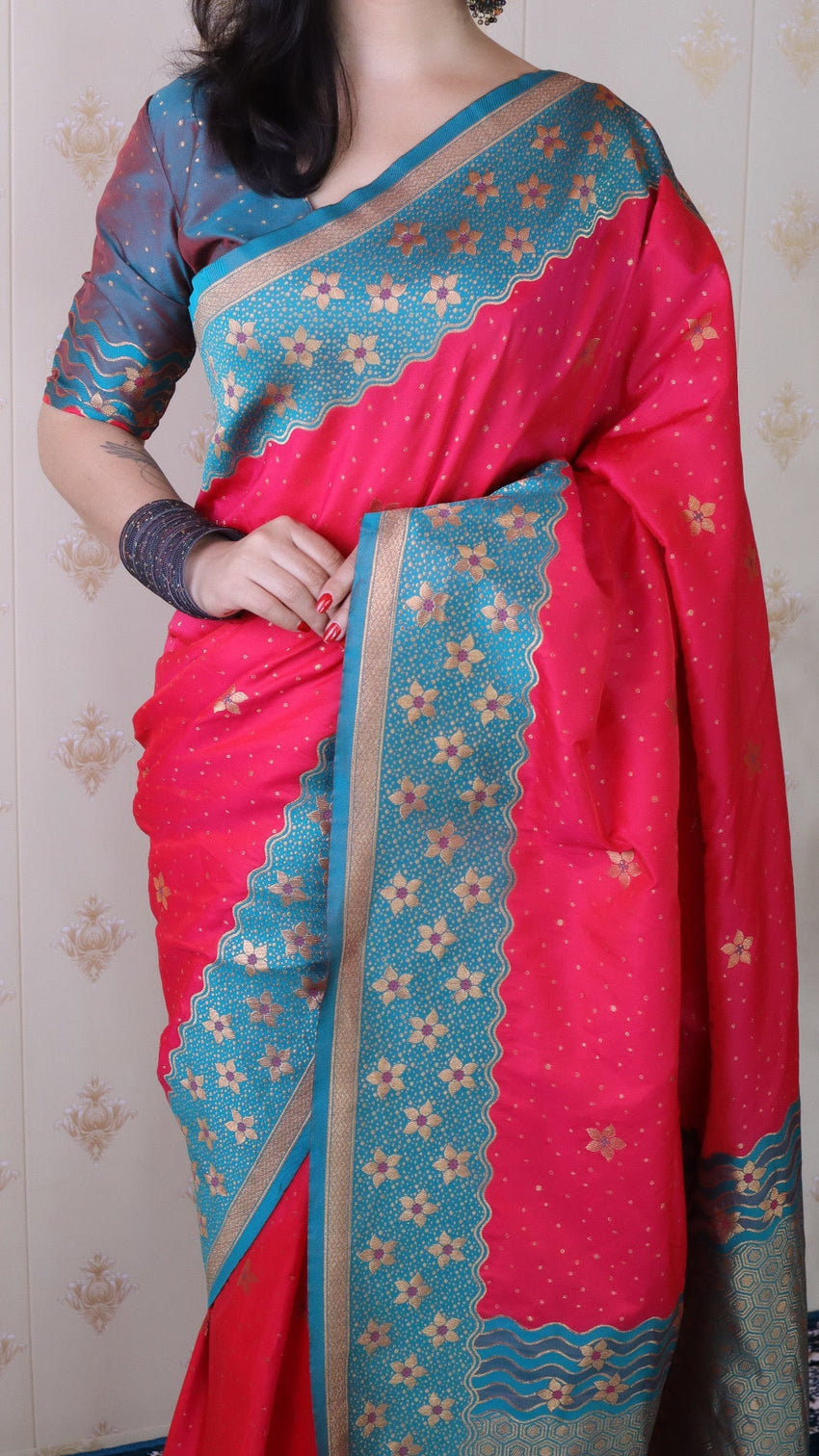 Pink soft silk banarasi wavy unique zari woven saree