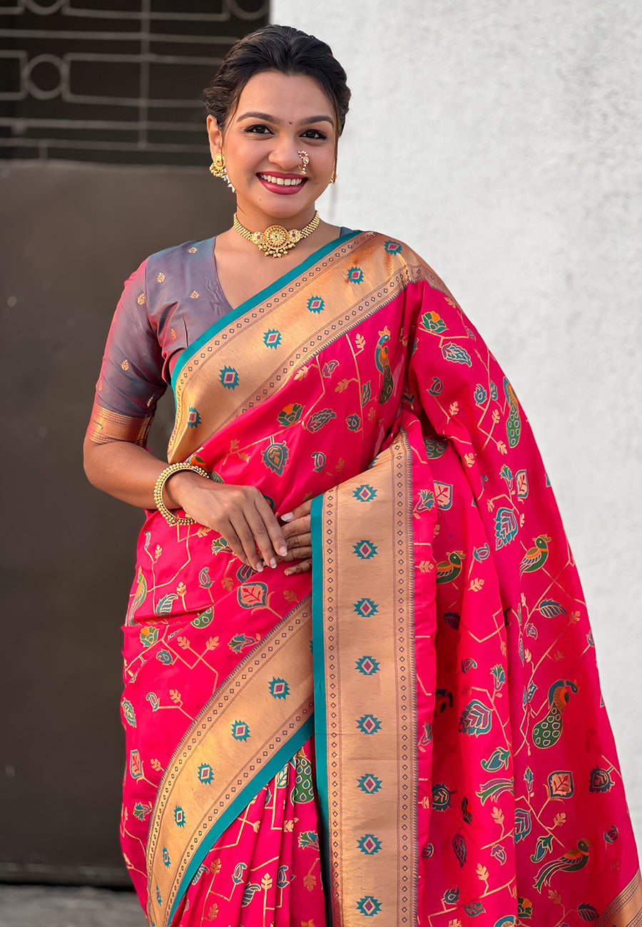 Pink paithani jaal silk zari woven saree