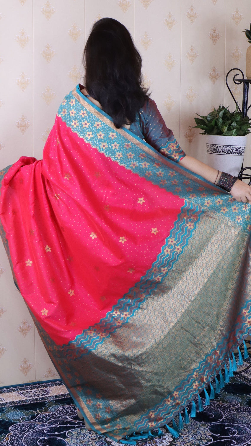 Pink soft silk banarasi wavy unique zari woven saree