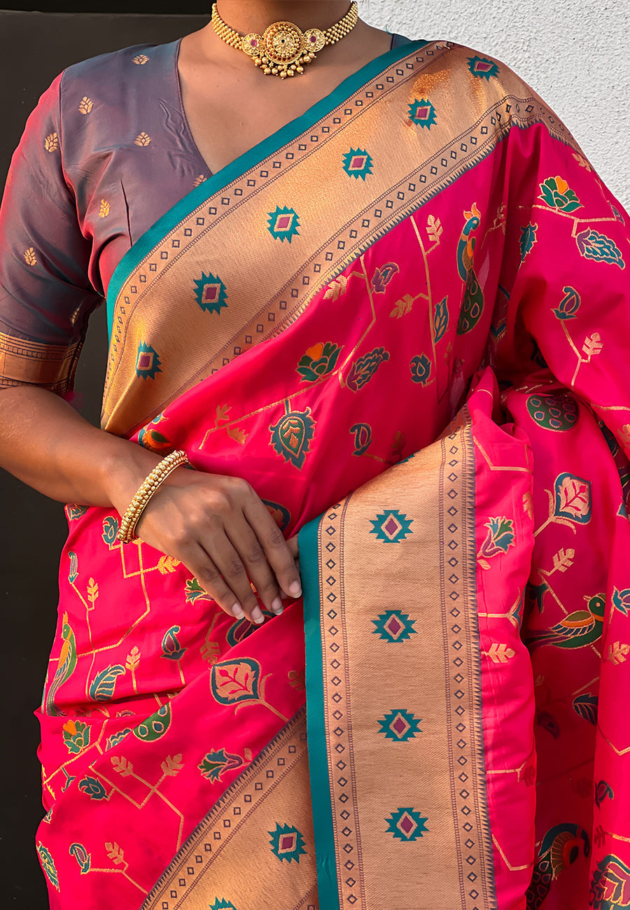 Pink paithani jaal silk zari woven saree