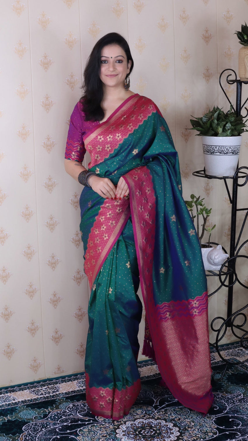 Green soft silk banarasi wavy unique zari woven saree