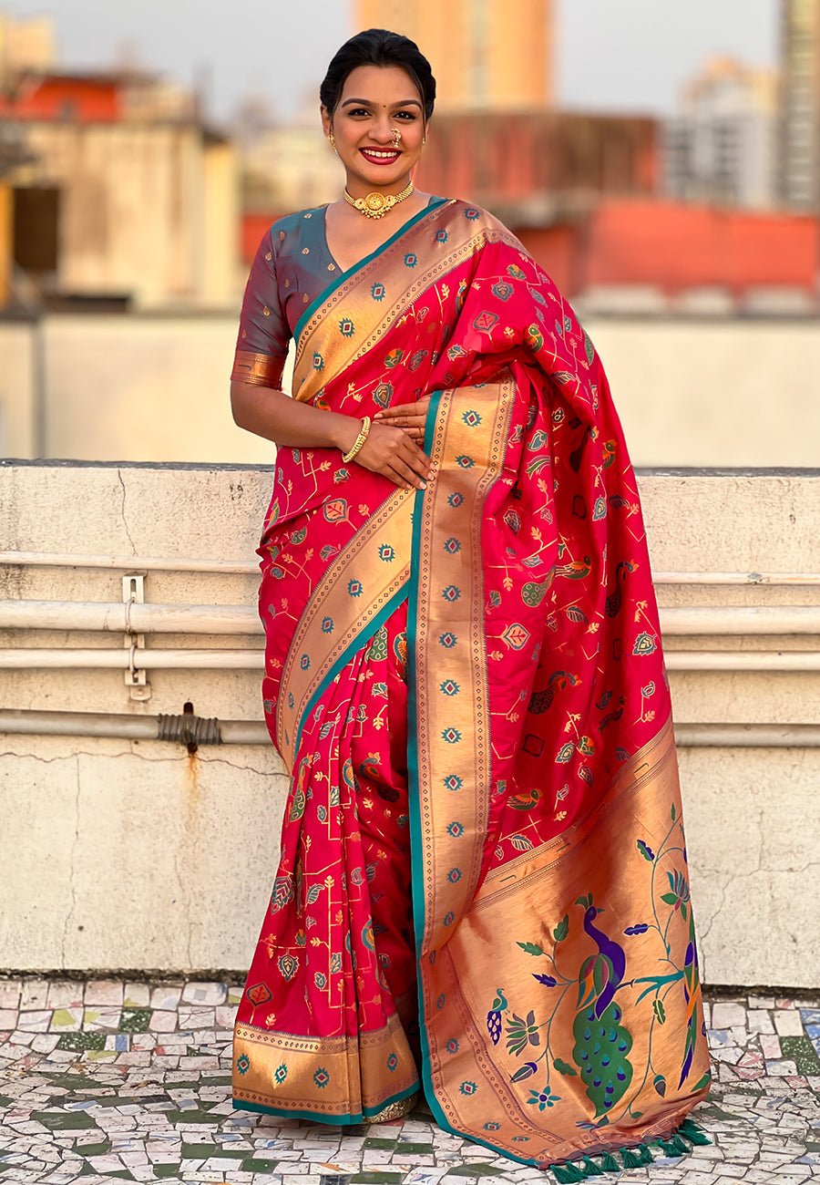 Pink paithani jaal silk zari woven saree