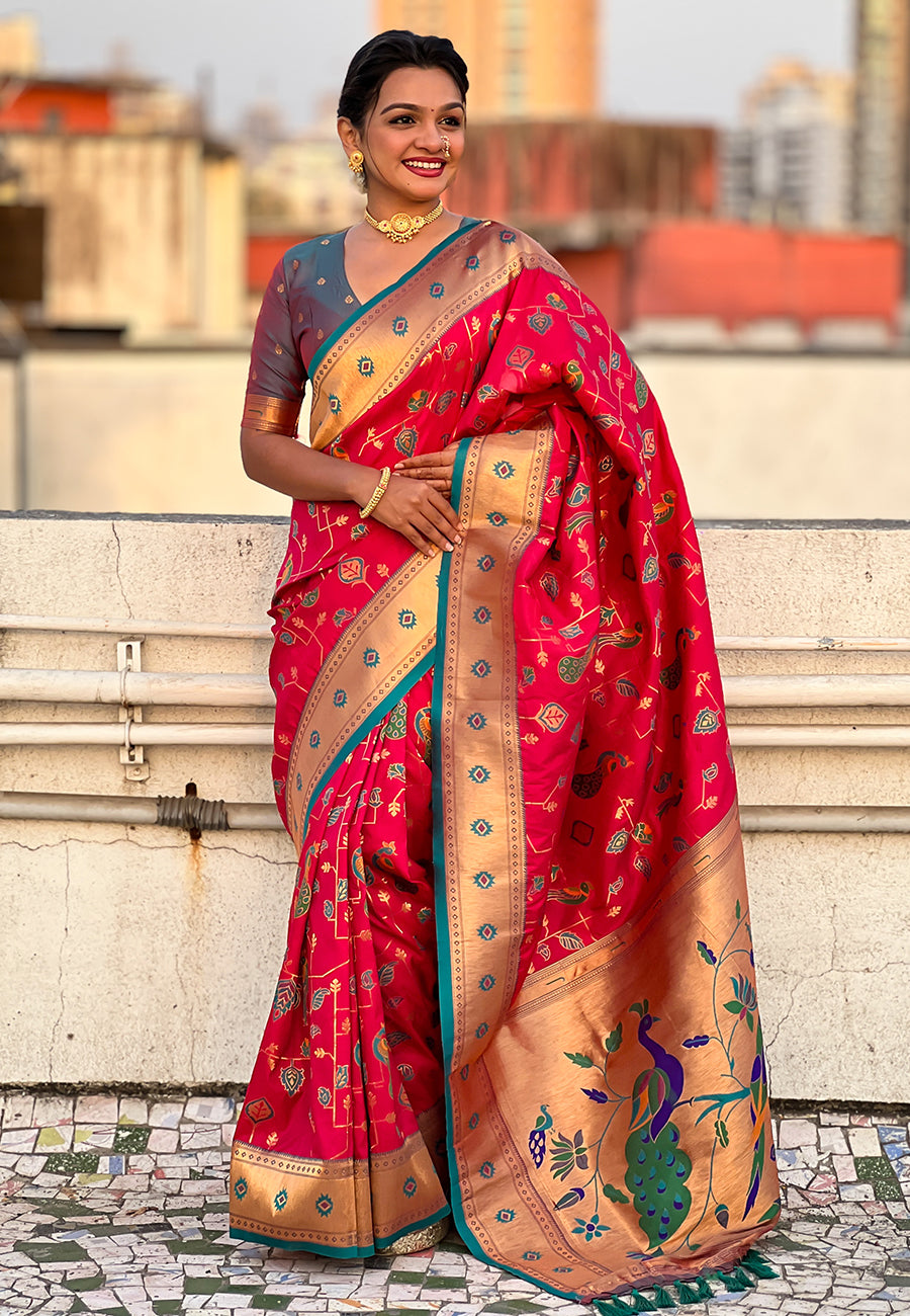 Pink paithani jaal silk zari woven saree