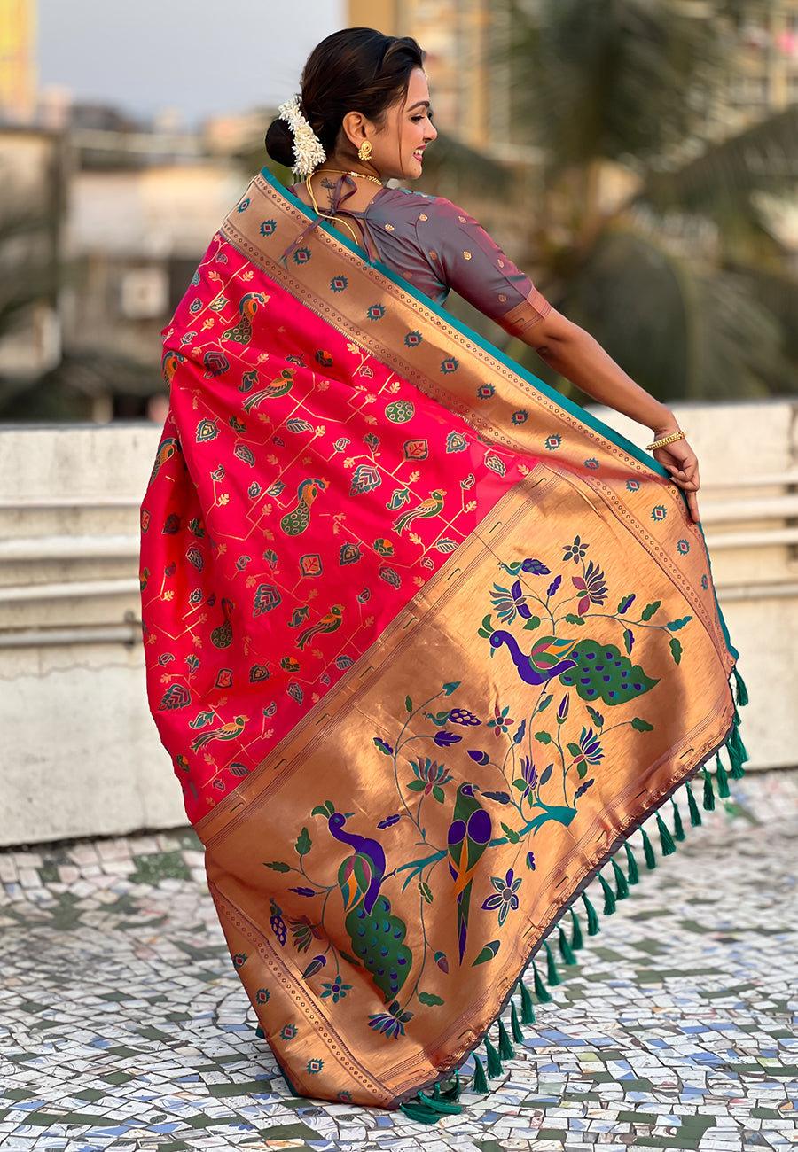 Pink paithani jaal silk zari woven saree