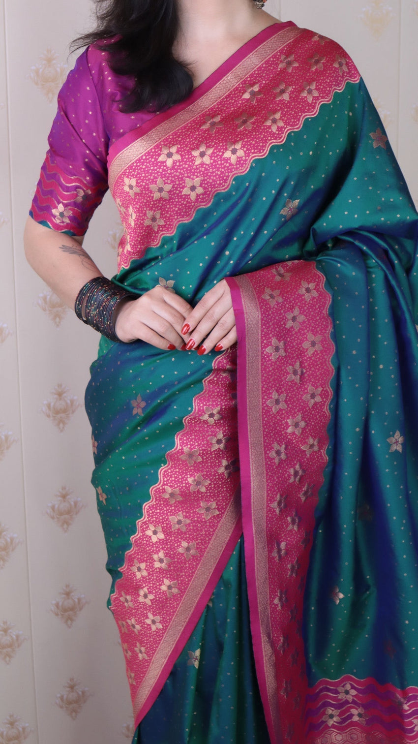 Green soft silk banarasi wavy unique zari woven saree