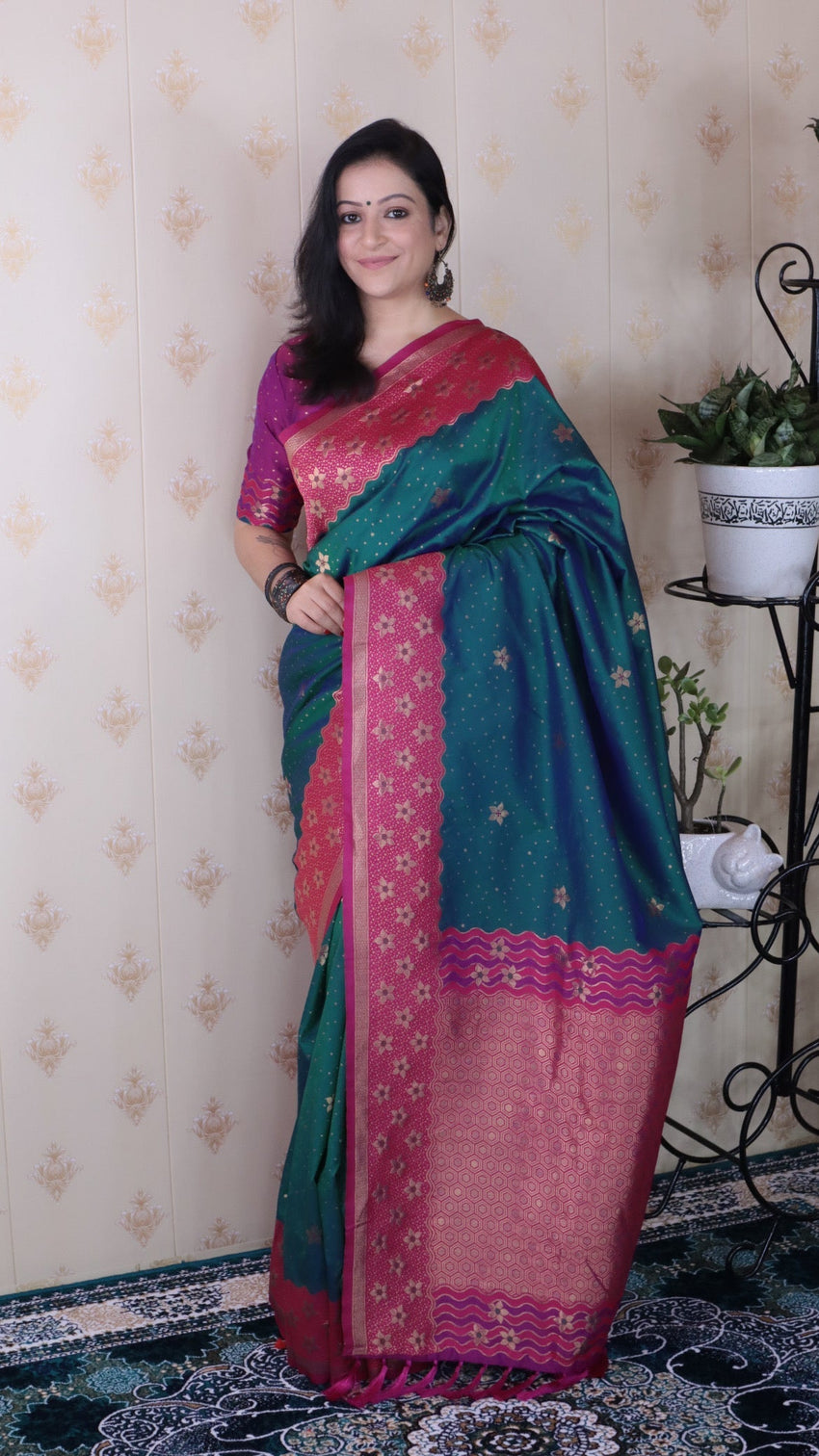 Green soft silk banarasi wavy unique zari woven saree