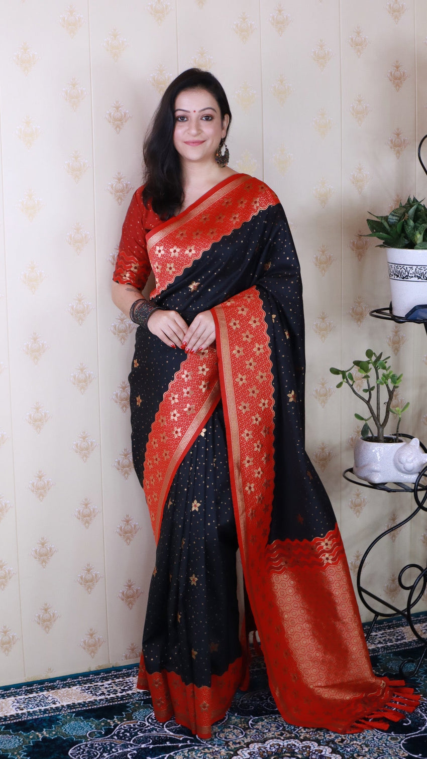 Black soft silk banarasi wavy unique zari woven saree