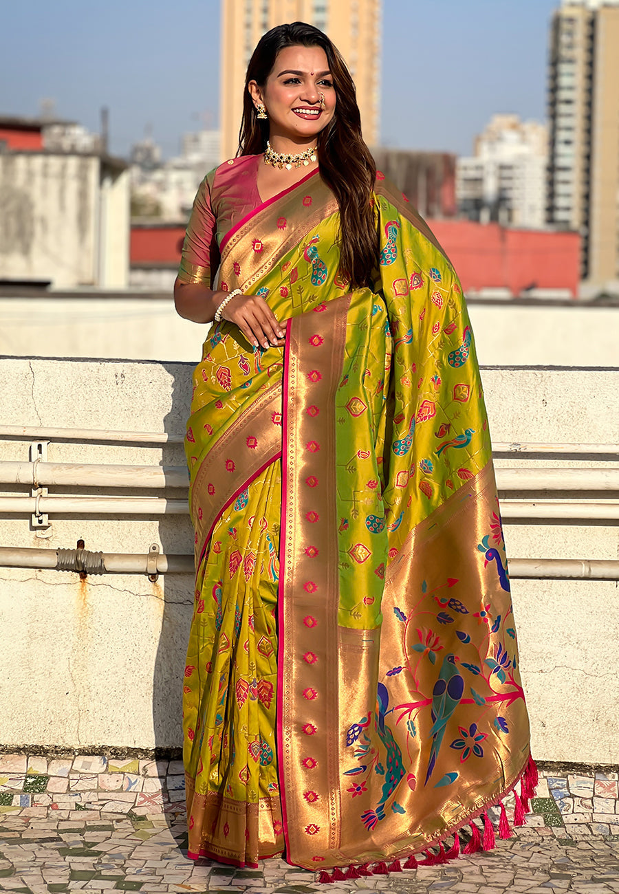 Mehendi green paithani jaal silk zari woven saree