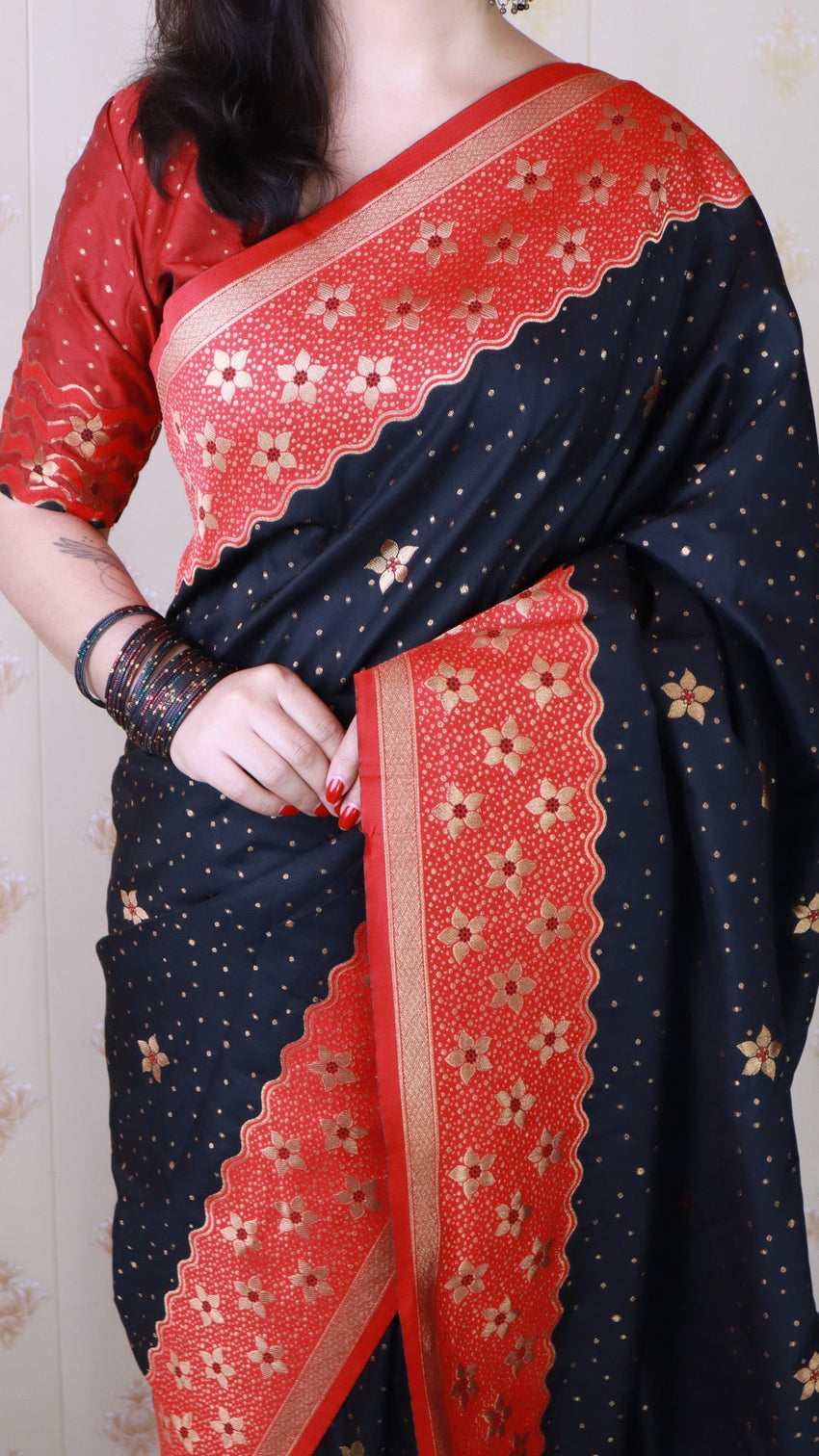 Black soft silk banarasi wavy unique zari woven saree