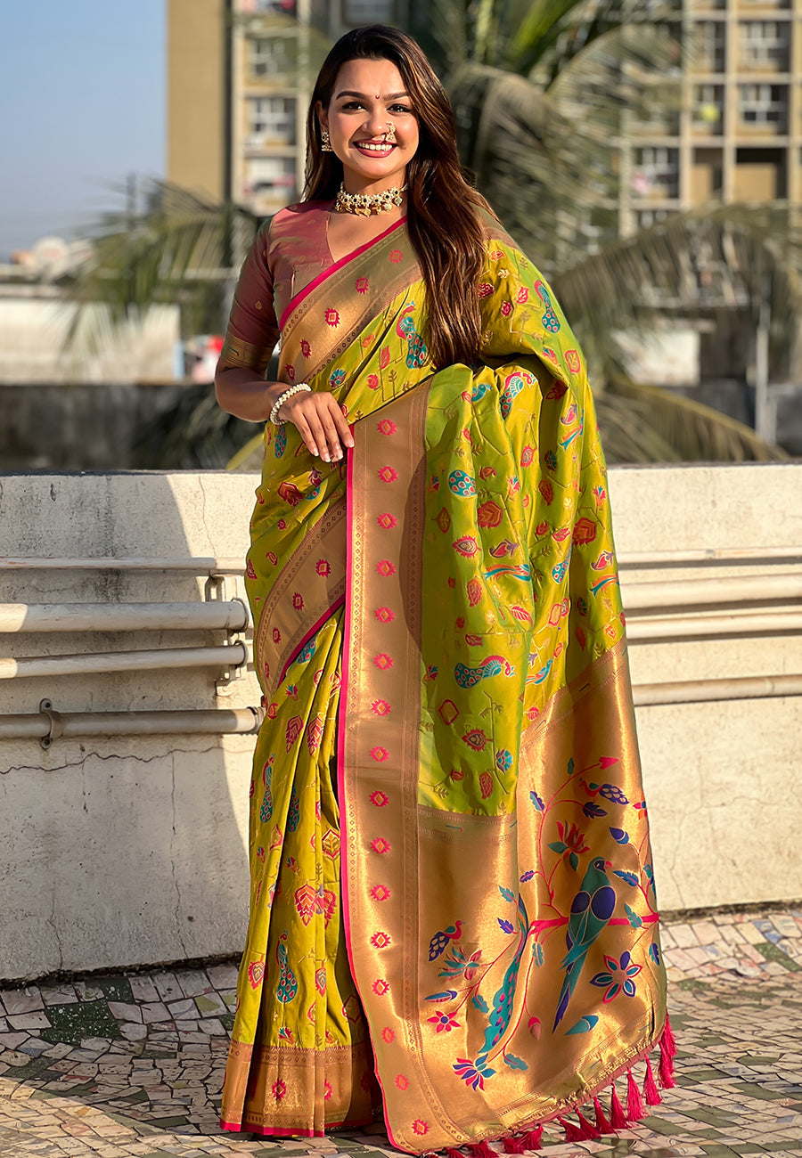 Mehendi green paithani jaal silk zari woven saree