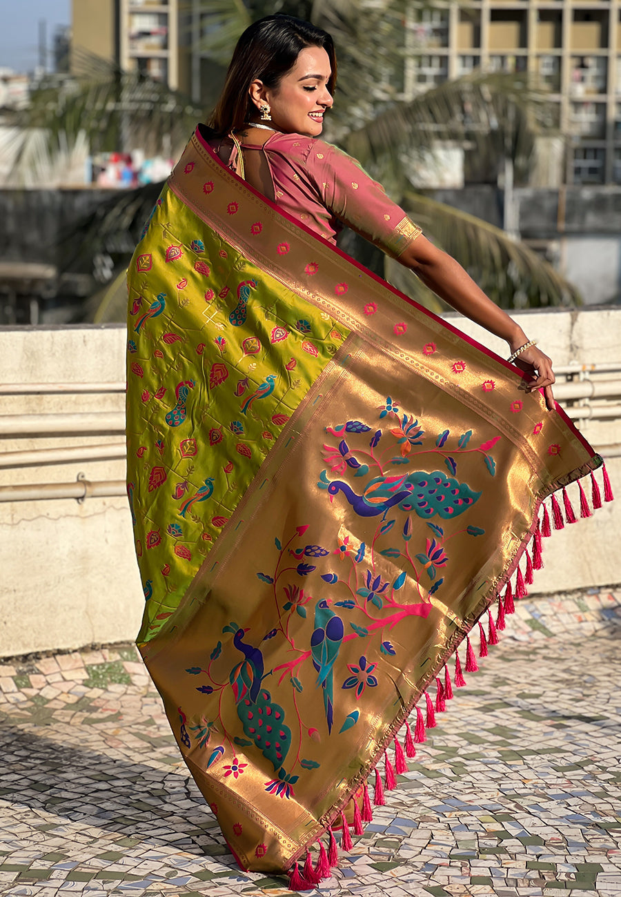 Mehendi green paithani jaal silk zari woven saree