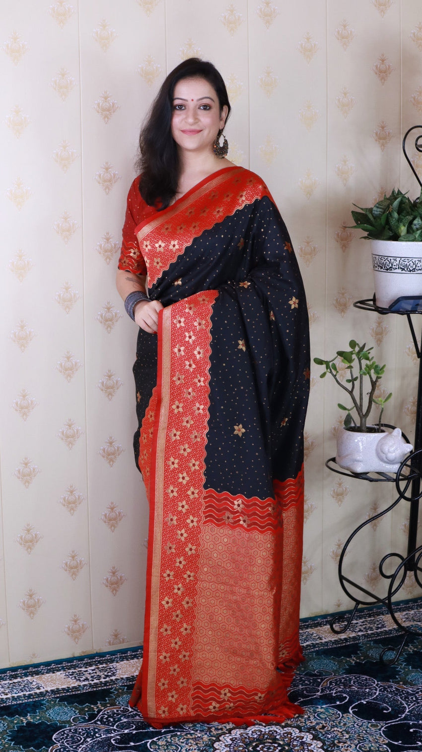 Black soft silk banarasi wavy unique zari woven saree