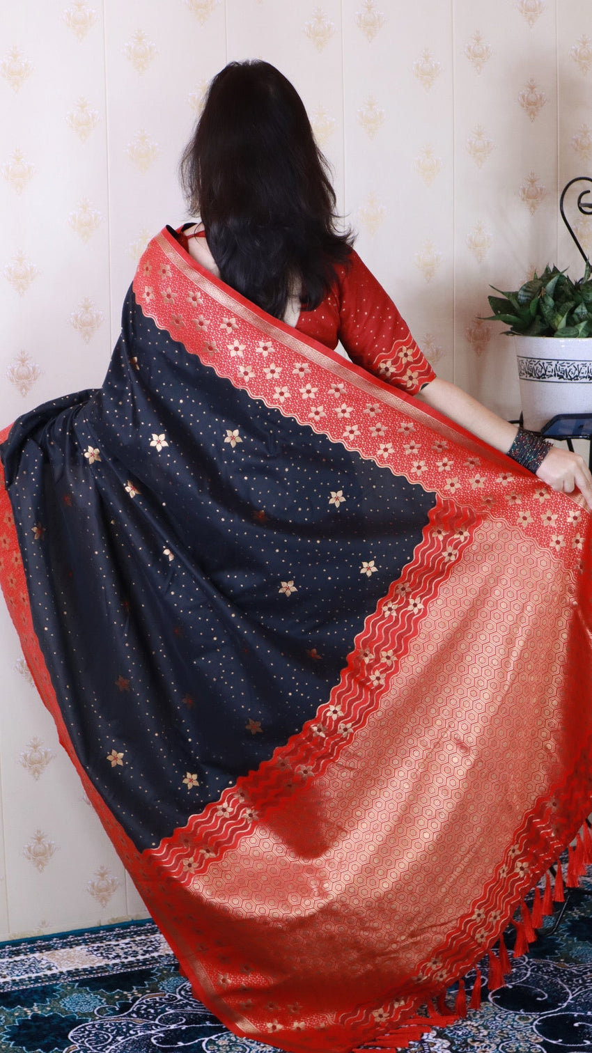 Black soft silk banarasi wavy unique zari woven saree