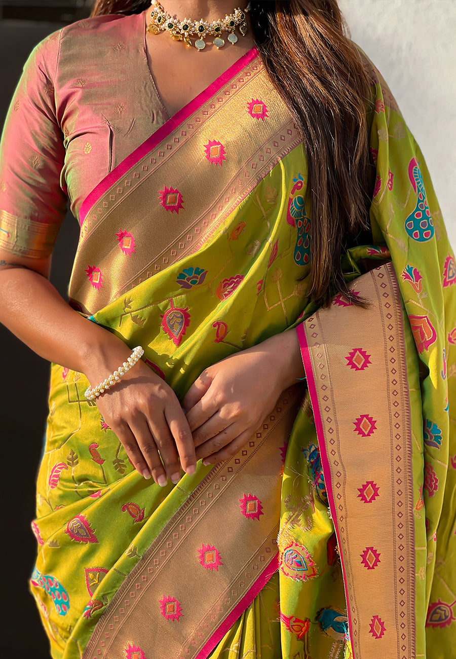 Mehendi green paithani jaal silk zari woven saree