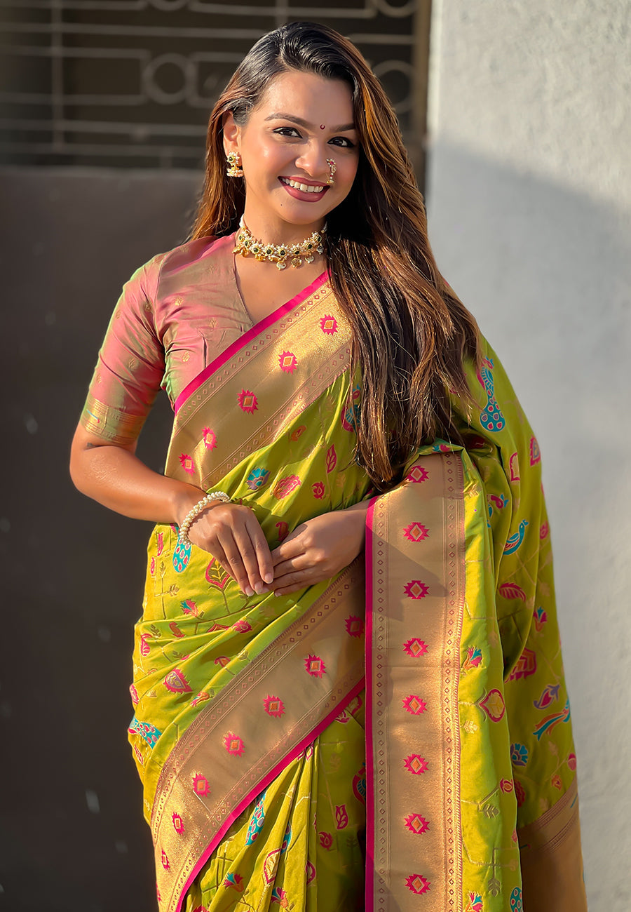 Mehendi green paithani jaal silk zari woven saree
