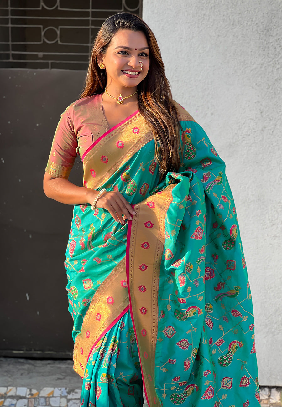 Firozi blue paithani jaal silk zari woven saree