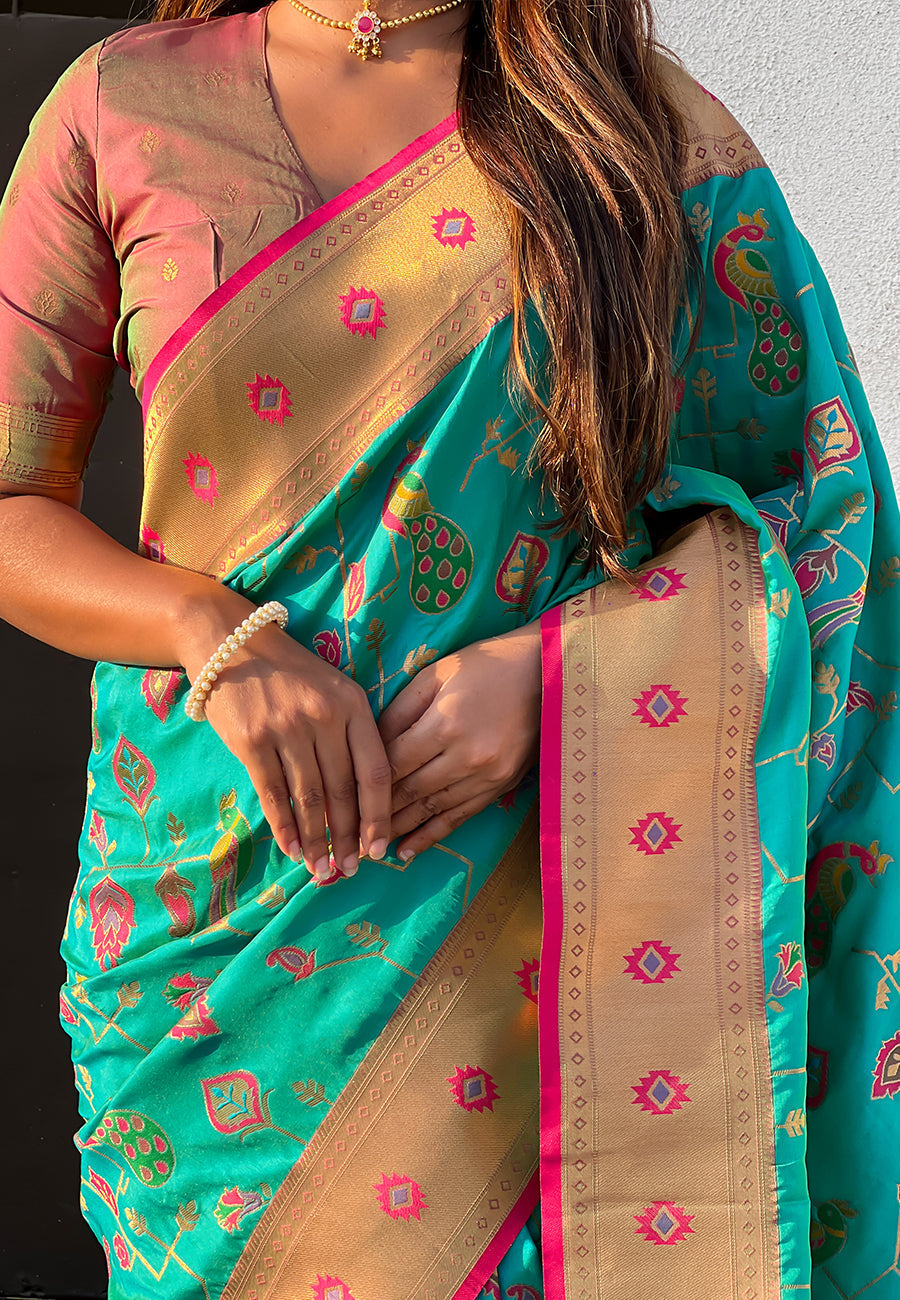 Firozi blue paithani jaal silk zari woven saree