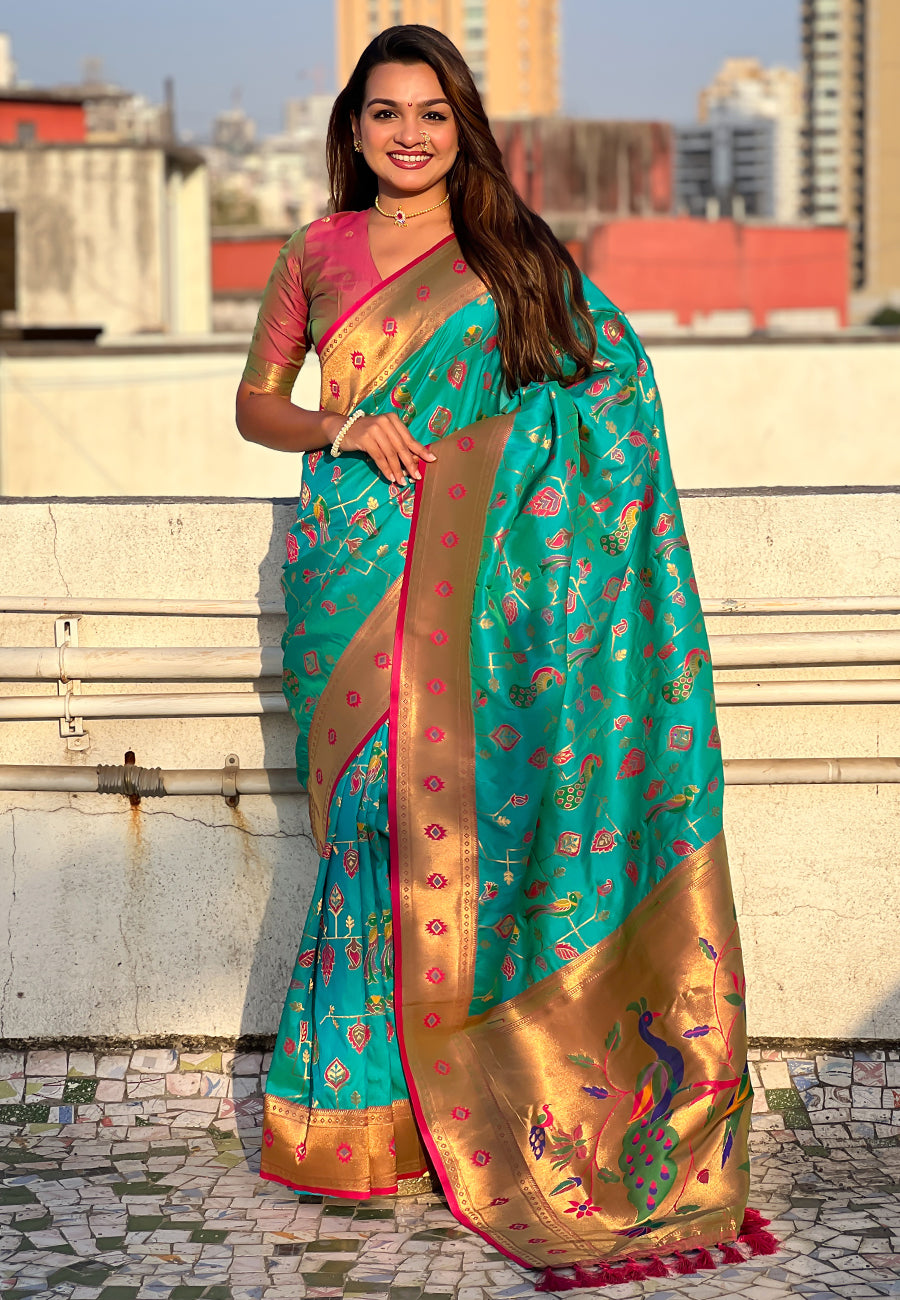 Firozi blue paithani jaal silk zari woven saree
