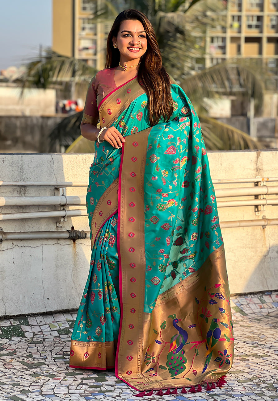 Firozi blue paithani jaal silk zari woven saree
