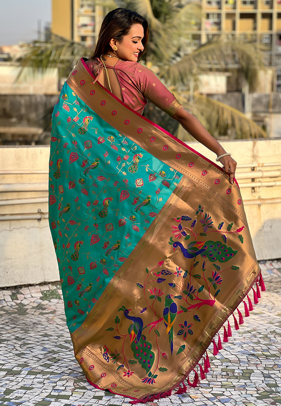 Firozi blue paithani jaal silk zari woven saree