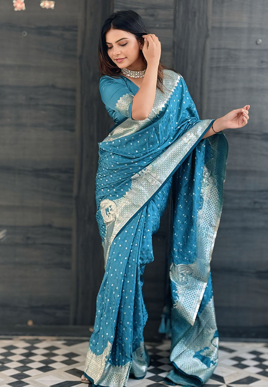 Butterfly blue banarasi satin silk zari woven saree