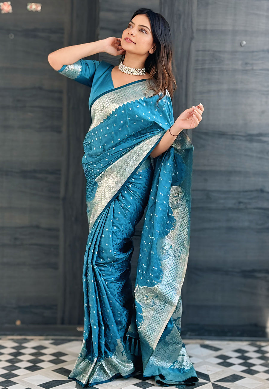 Butterfly blue banarasi satin silk zari woven saree