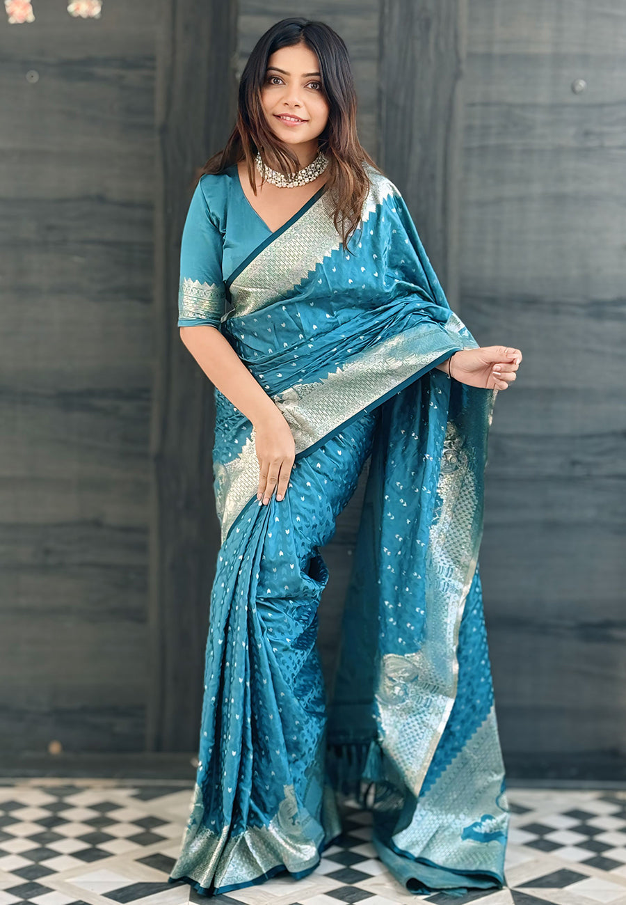 Butterfly blue banarasi satin silk zari woven saree