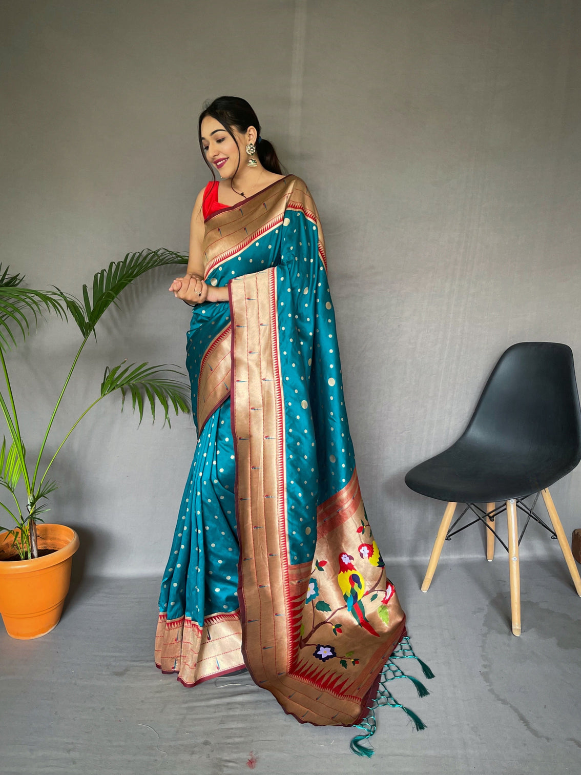 Teal Blue Polka Paithani Silk