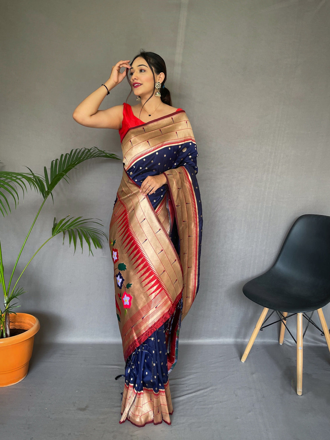 Navy Blue Polka Paithani Silk