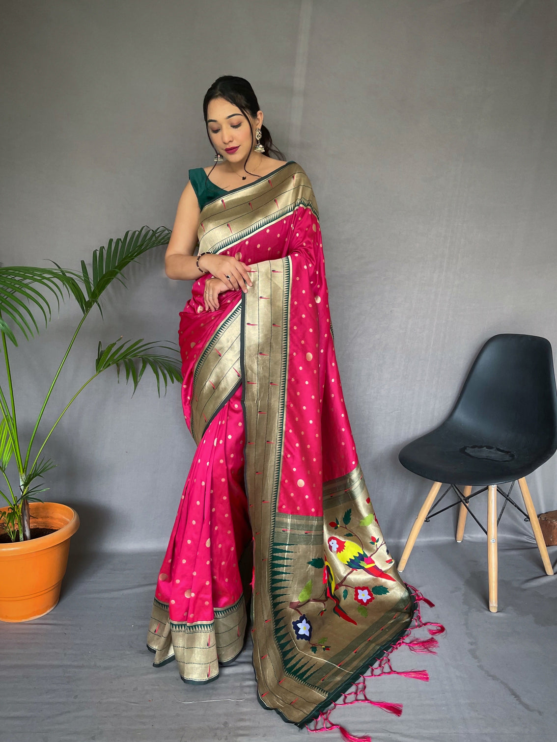 Raspberry Pink Polka Paithani Silk