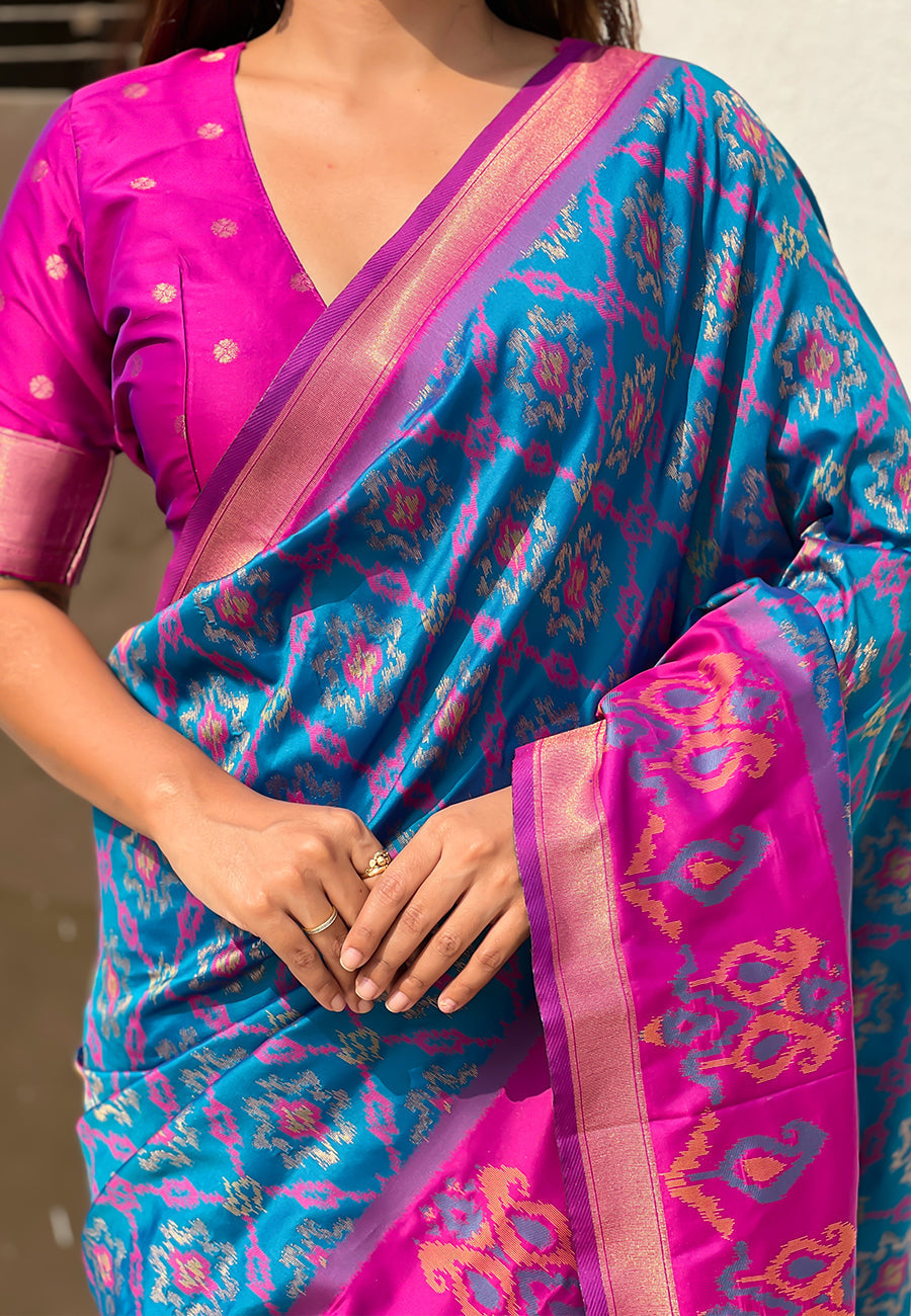 Blue soft silk zari woven patola saree with contrast weaves