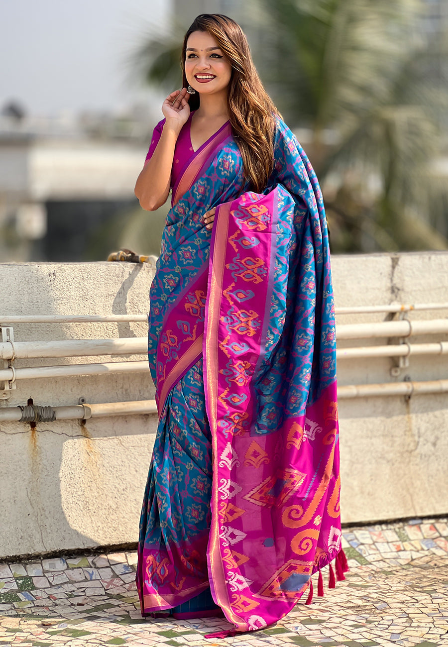 Blue soft silk zari woven patola saree with contrast weaves