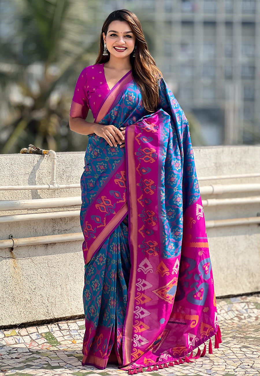 Blue soft silk zari woven patola saree with contrast weaves